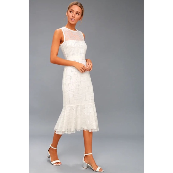 Lulu's “Classy Missy” White Silver Sequin Peplum Midi Shiny Formal Dance Dress - Picture 3 of 14